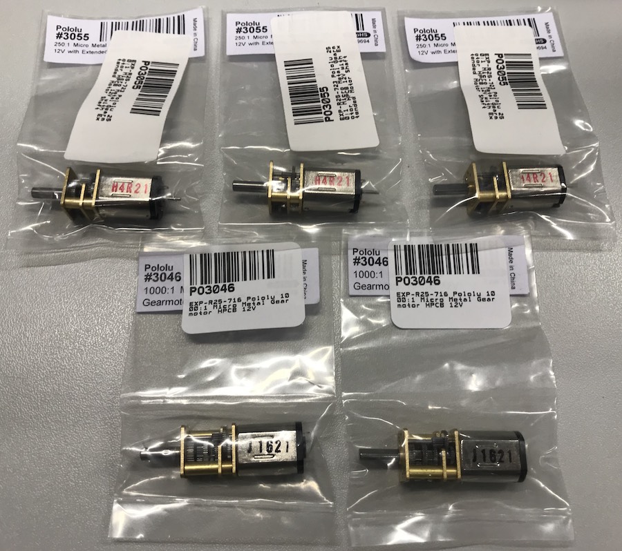 Five new geared motors, still in their packs