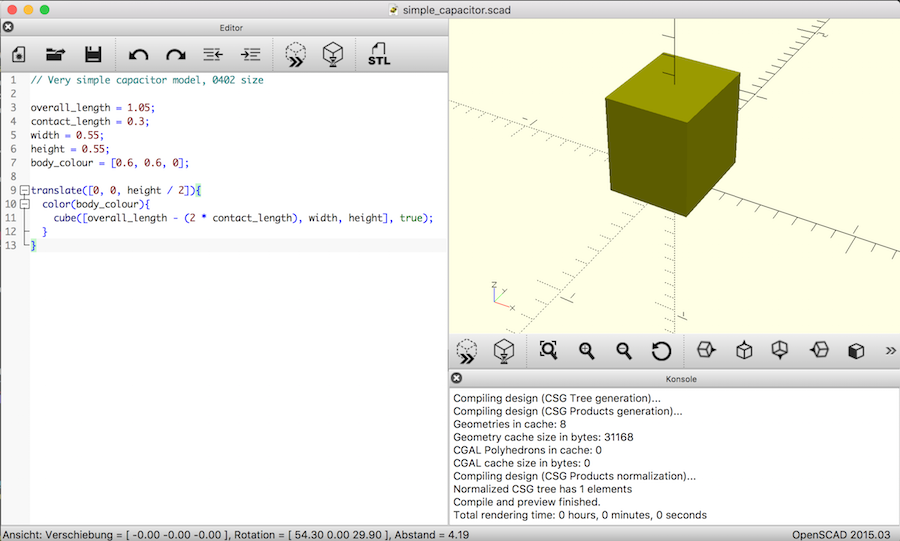 Code and rendered model in OpenSCAD