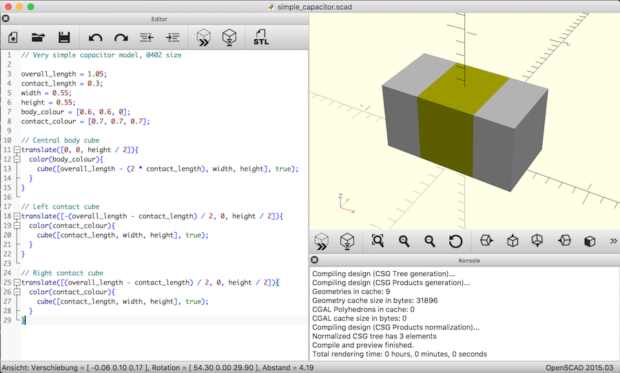 Code and rendered complete capacitor model in OpenSCAD