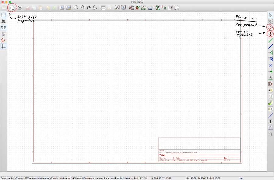 Eeschema: page properties, place components