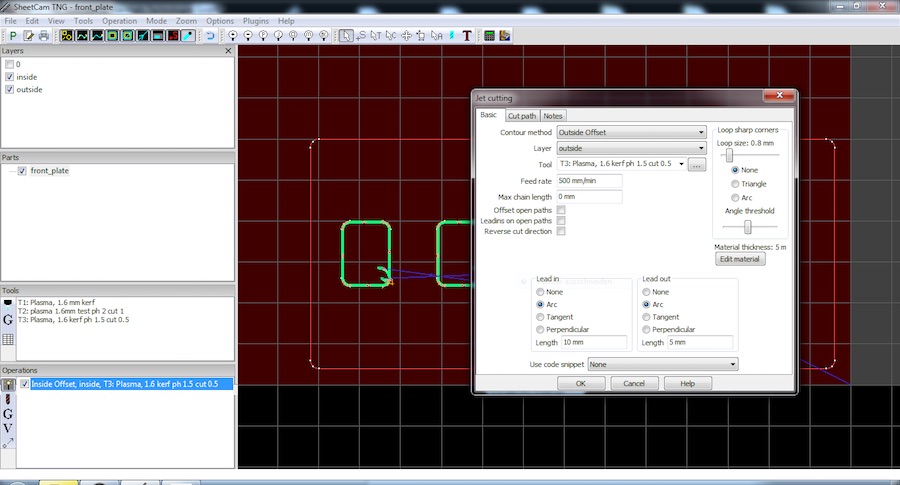 Generating the outside cutting tracks, with the inside tracks visible in gren in the background