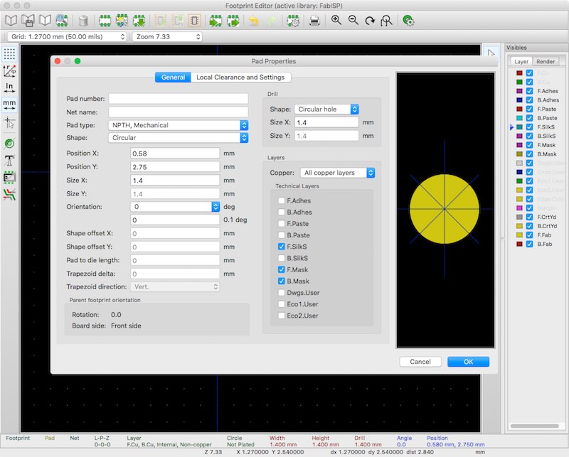 Mechanical hole in the footprint editor