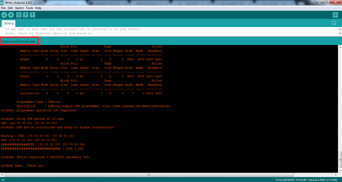 Burn bootloader and upload code in Arduino IDE