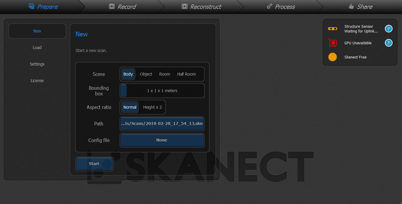 Skanect first screen