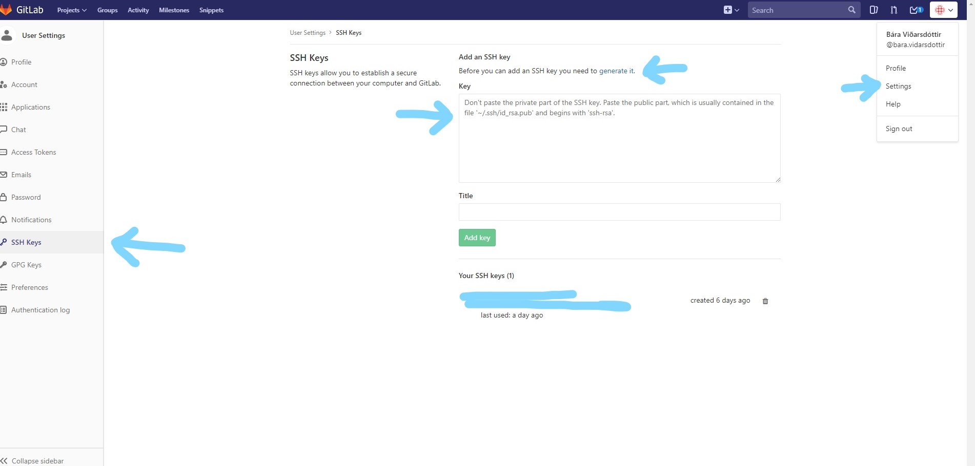 image of where to put the SSH key into GitLab