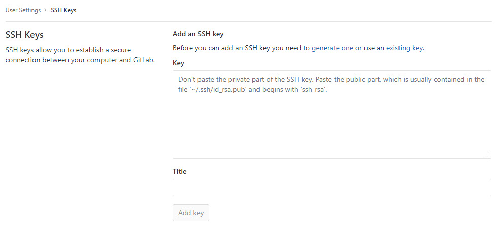 SSH keys page from Gitlab