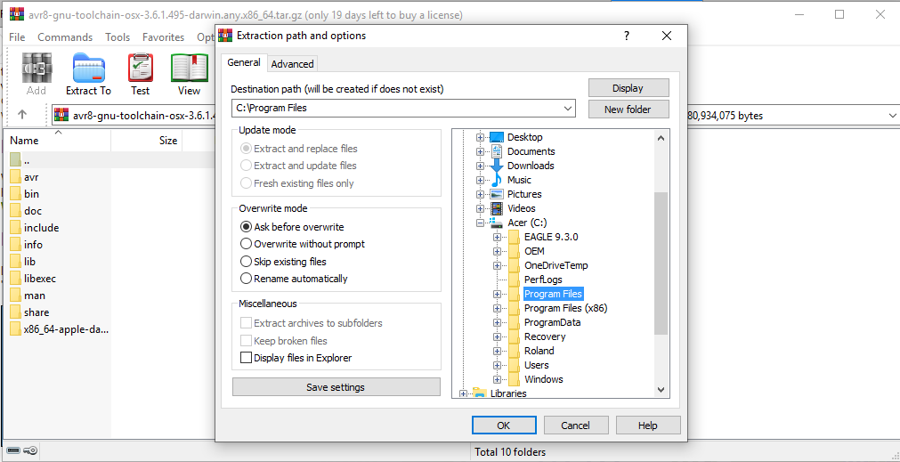 extracting the AVR toolchain