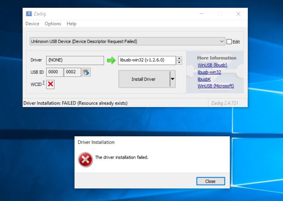 Install libusb-win32 failed