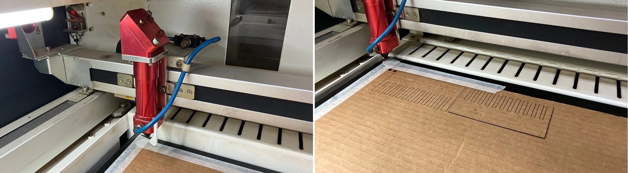 Figure LC5: First comb print with the R400, calibration and cut above, video of the laser cutter in action below