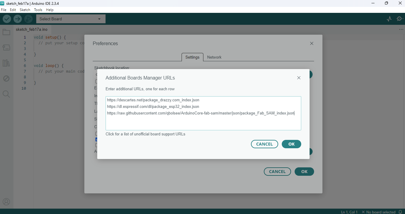 Figure 1: add the additional board json files necessary for the ATTINY and SAMD microcontrollers