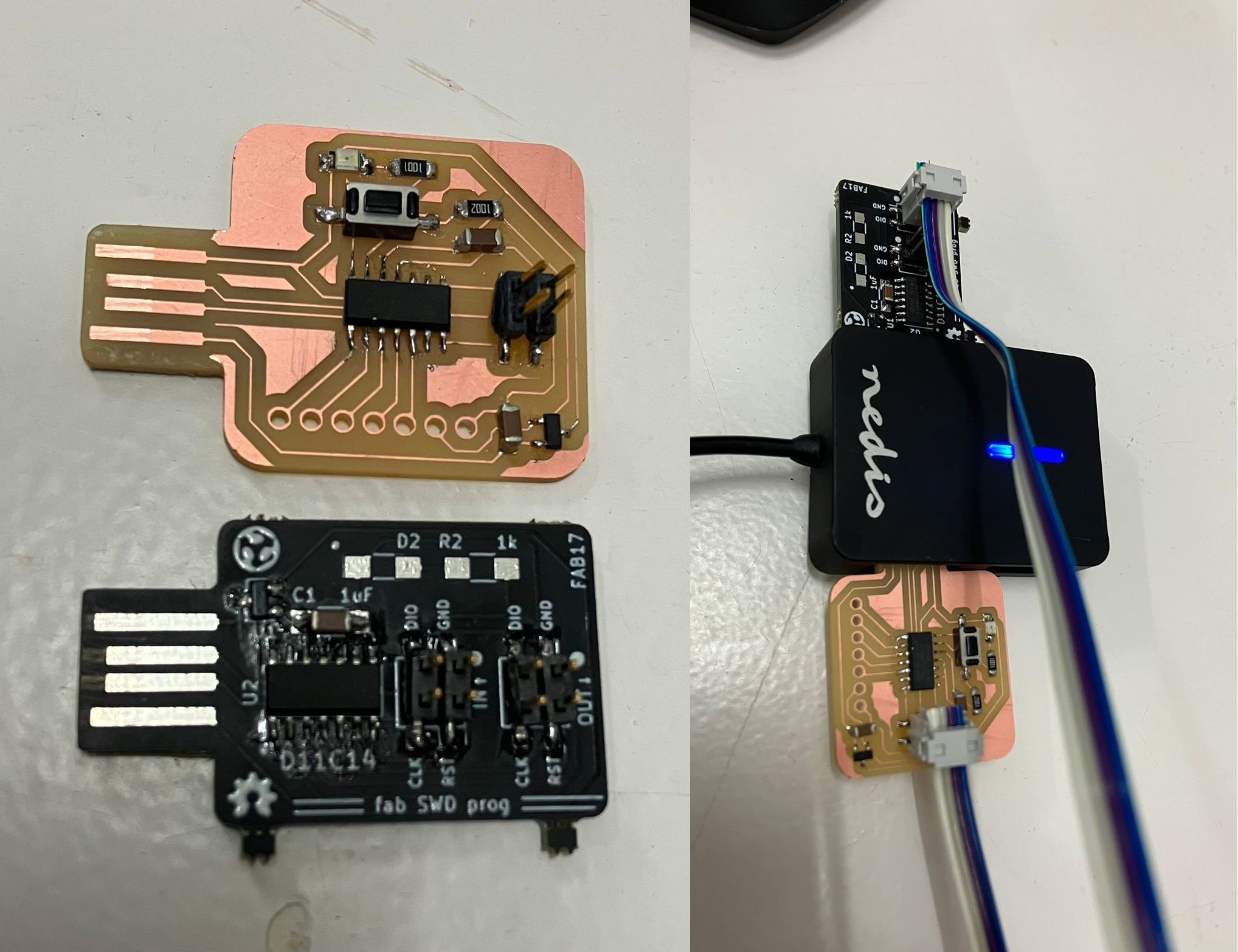 Figure 3:  SAMD11 (copper colour) being flashed (right) with the programmer (black).