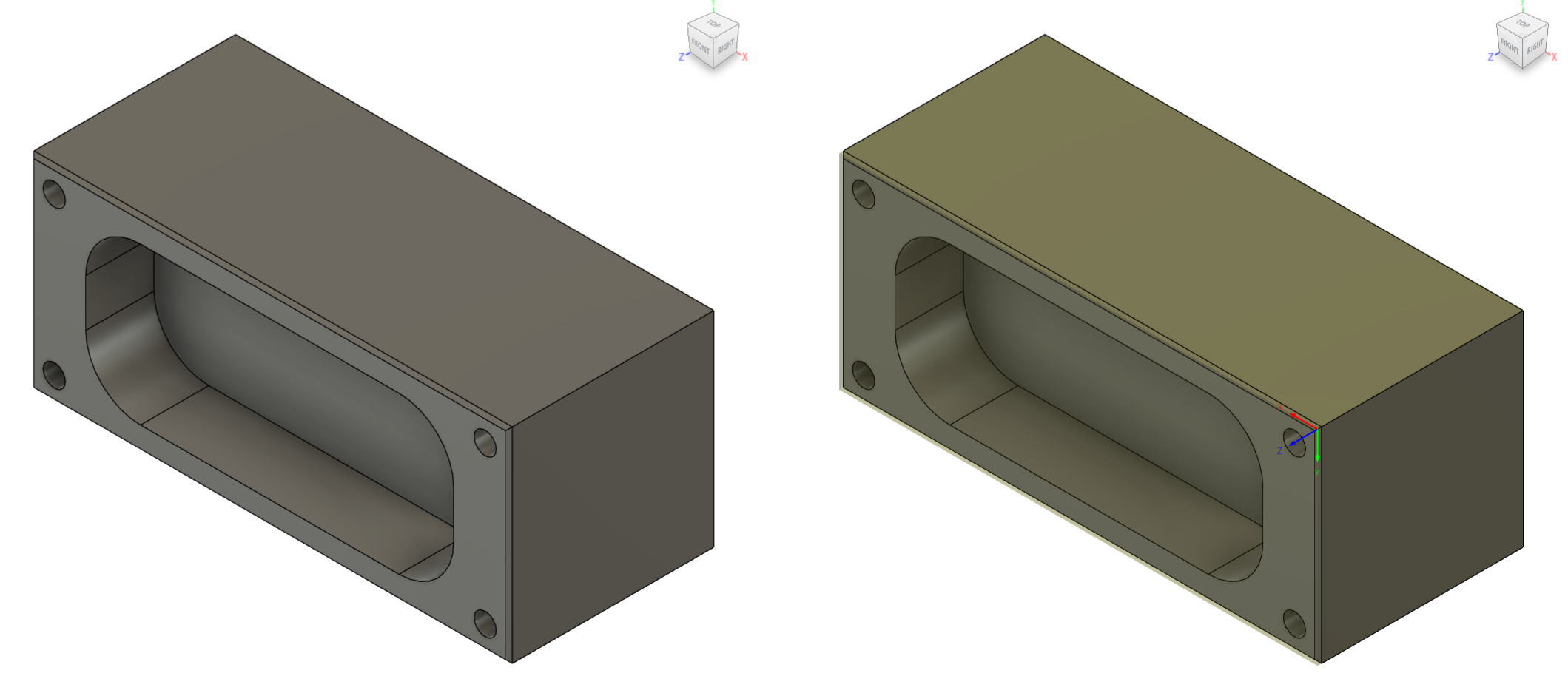 Demo part on left and demo part with stock and origin set on right.